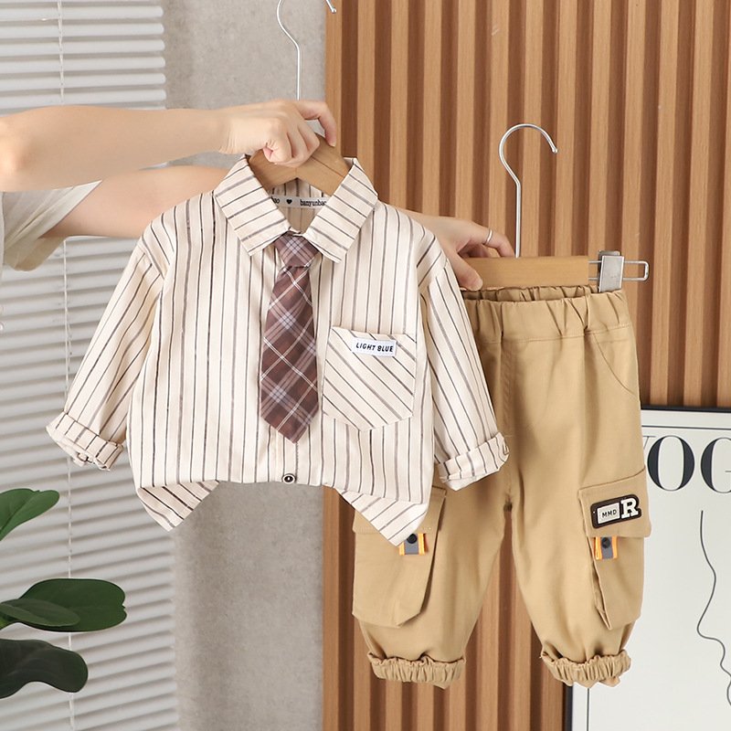 Latest Boutique Spring Autumn Kids Preppy Style Suits 2pcs Stripped Shirt+Pants Casual Boys Clothing Sets