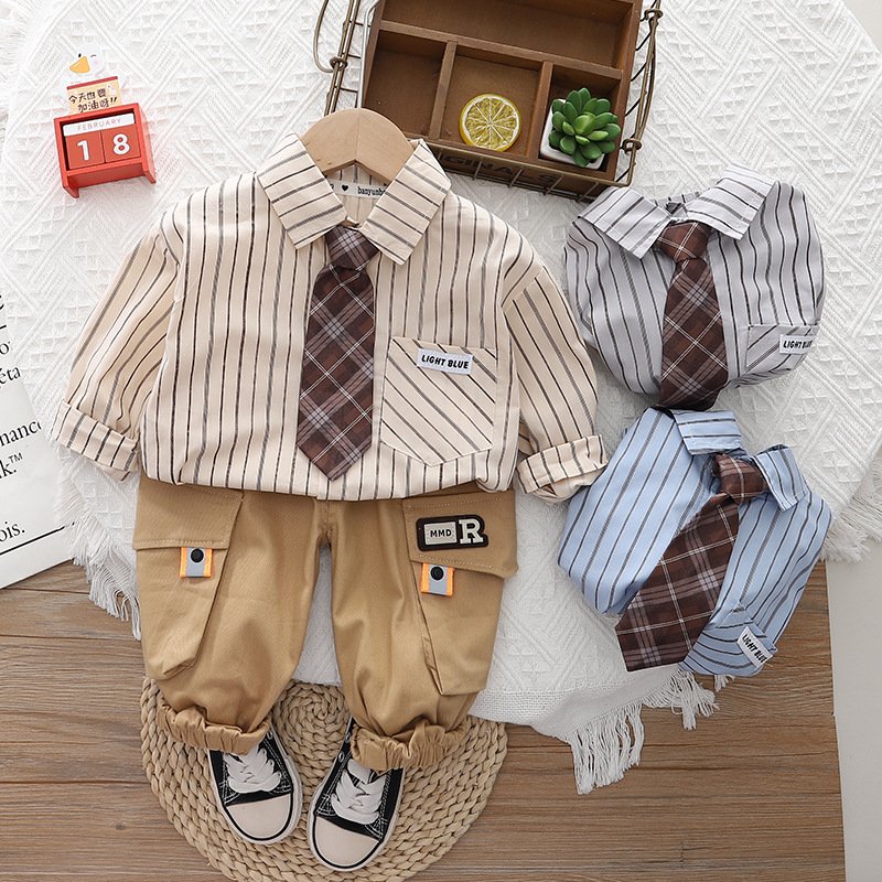 Latest Boutique Spring Autumn Kids Preppy Style Suits 2pcs Stripped Shirt+Pants Casual Boys Clothing Sets