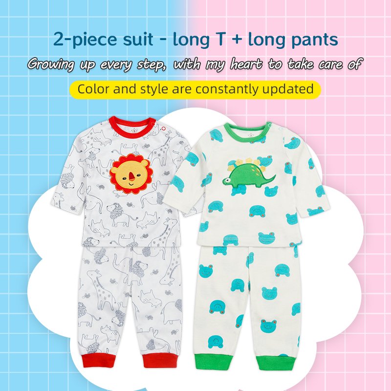 Wholesale Newborn Toddler Cute Cotton Neutral Muslin Baby Clothing Sets Open-shoulder T-shirt and Pant Set Full Unisex Print