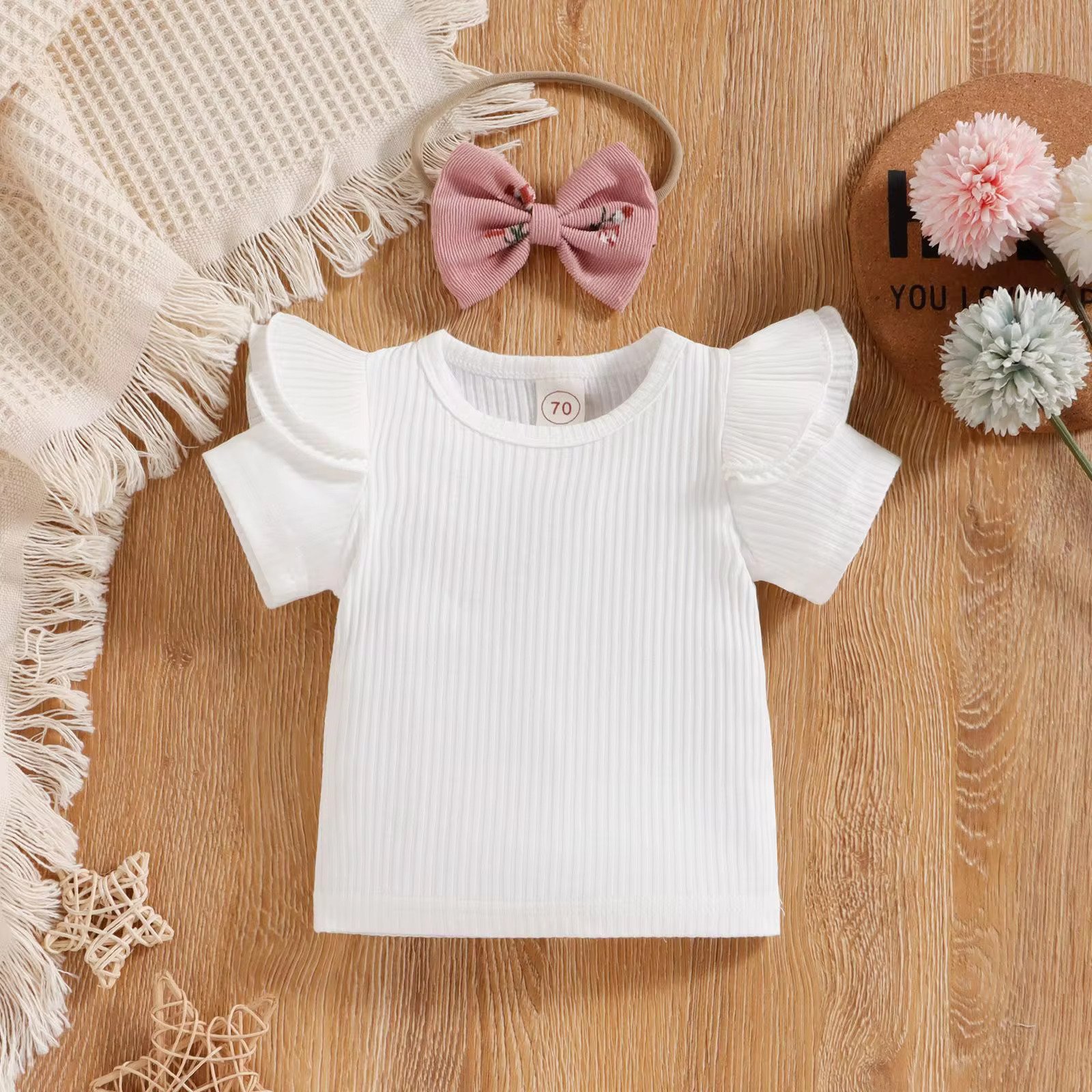 0-18M Baby Girls Floral Clothes Outfits Cotton Short Sleeve T-Shirts Tops Romper with Headband 3Pcs Summer Toddler Kids Sets