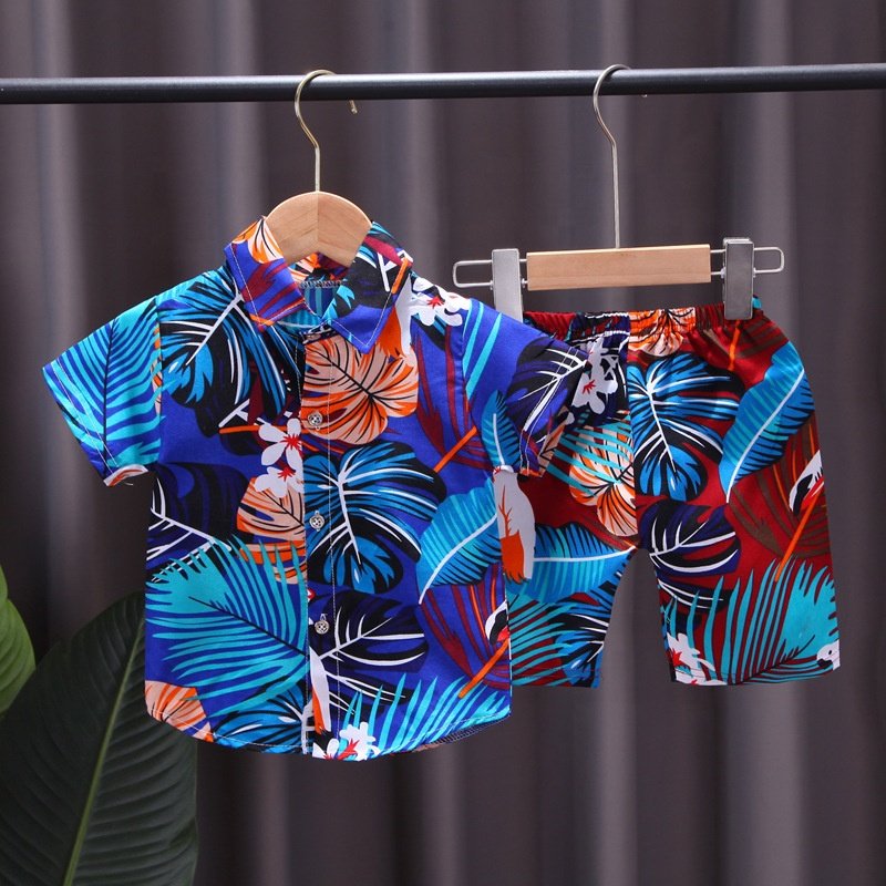 2024 Summer New Children's Graffiti All Over Printed Beach Suit Set Boys' Short Sleeved Shirt Set