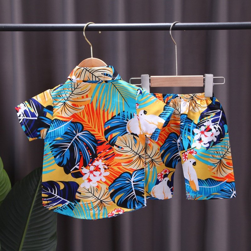 2024 Summer New Children's Graffiti All Over Printed Beach Suit Set Boys' Short Sleeved Shirt Set