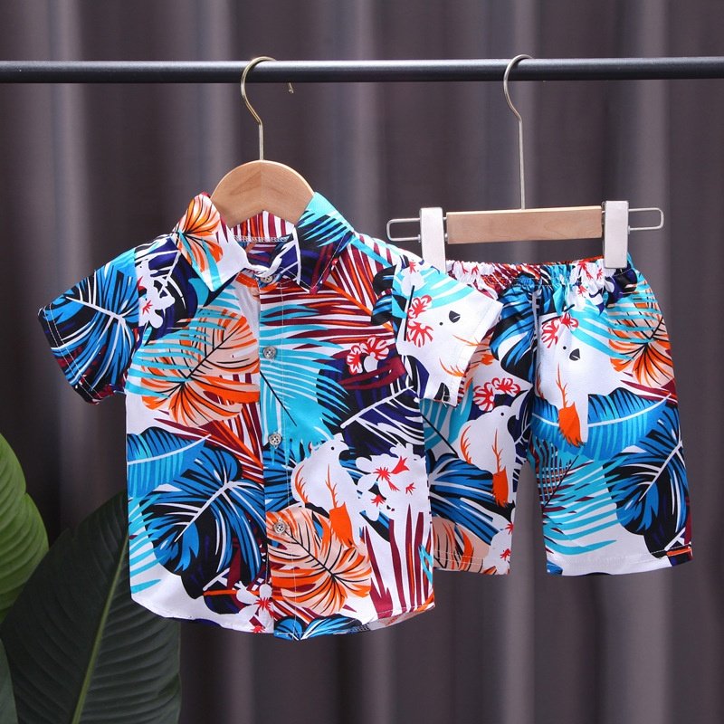 2024 Summer New Children's Graffiti All Over Printed Beach Suit Set Boys' Short Sleeved Shirt Set