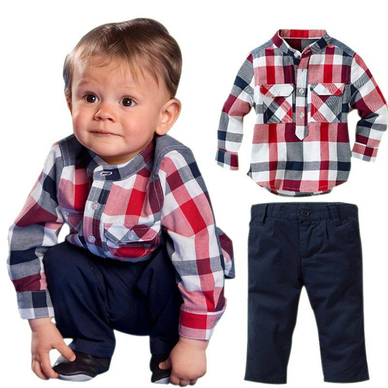 Baby Boy Clothing Sets Infant 2 Pieces Grid Shirt And Denim Dark Blue Pants