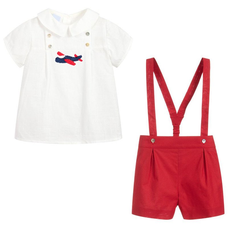 Hot Sale Summer Embroidery Cotton T Shirt Red Shorts Suit Children Toddler Boys Clothing Boy Clothes Kids Set