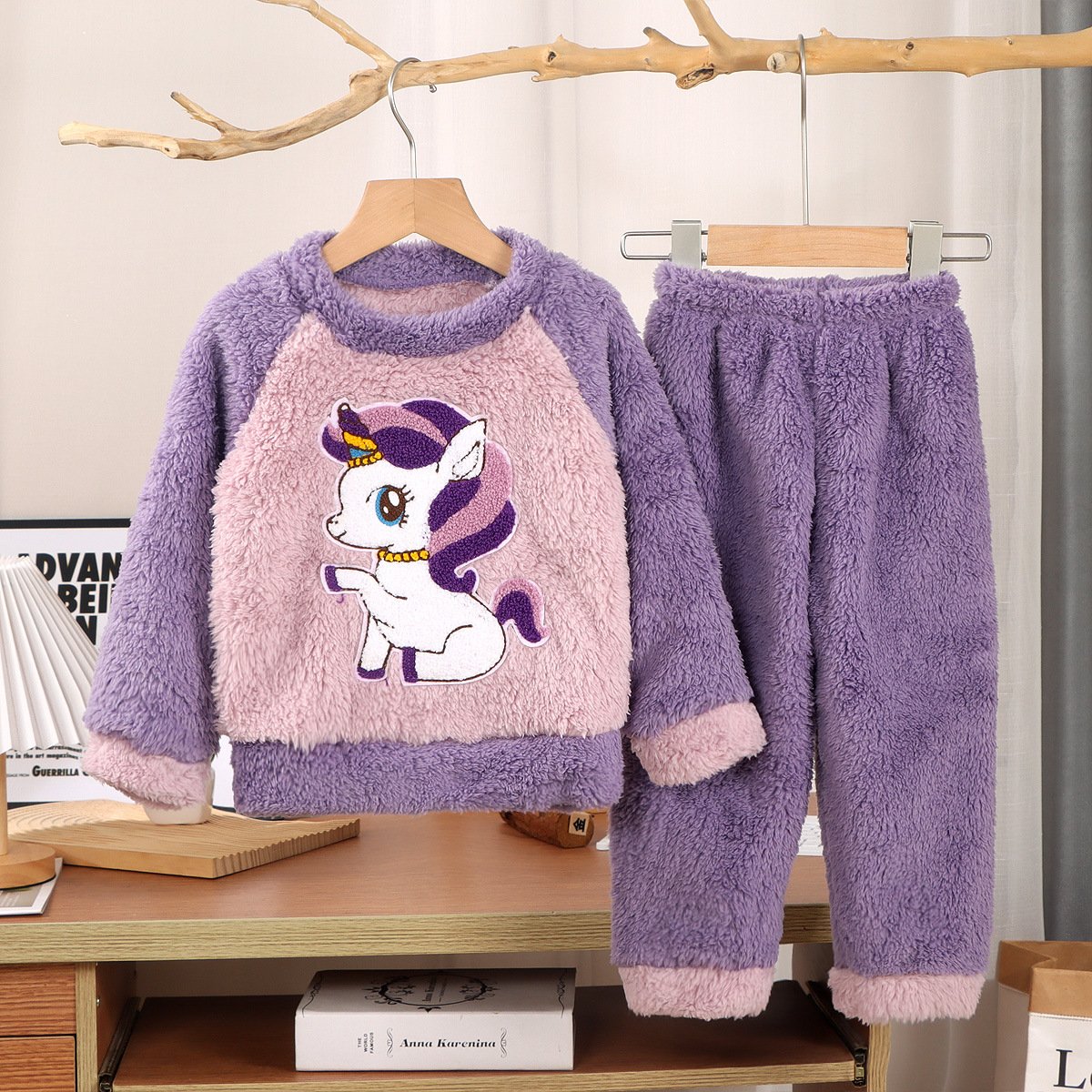 New Children's Flannel Pajamas suit Autumn and Winter Boys and Girls Coral Fleece Thickened fleece-lined Home Clothes