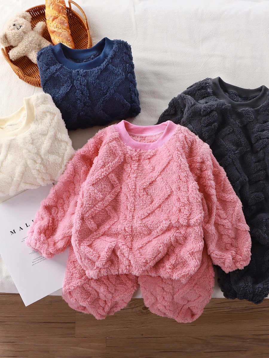 Children's flannel set for autumn and winter, new plush and thick jacquard loose round neck home clothing set