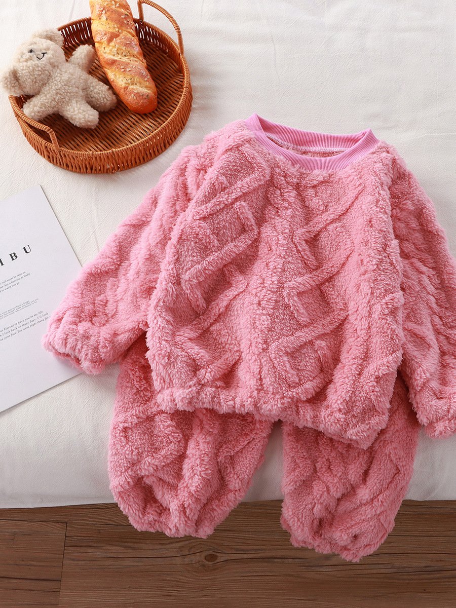 Children's flannel set for autumn and winter, new plush and thick jacquard loose round neck home clothing set