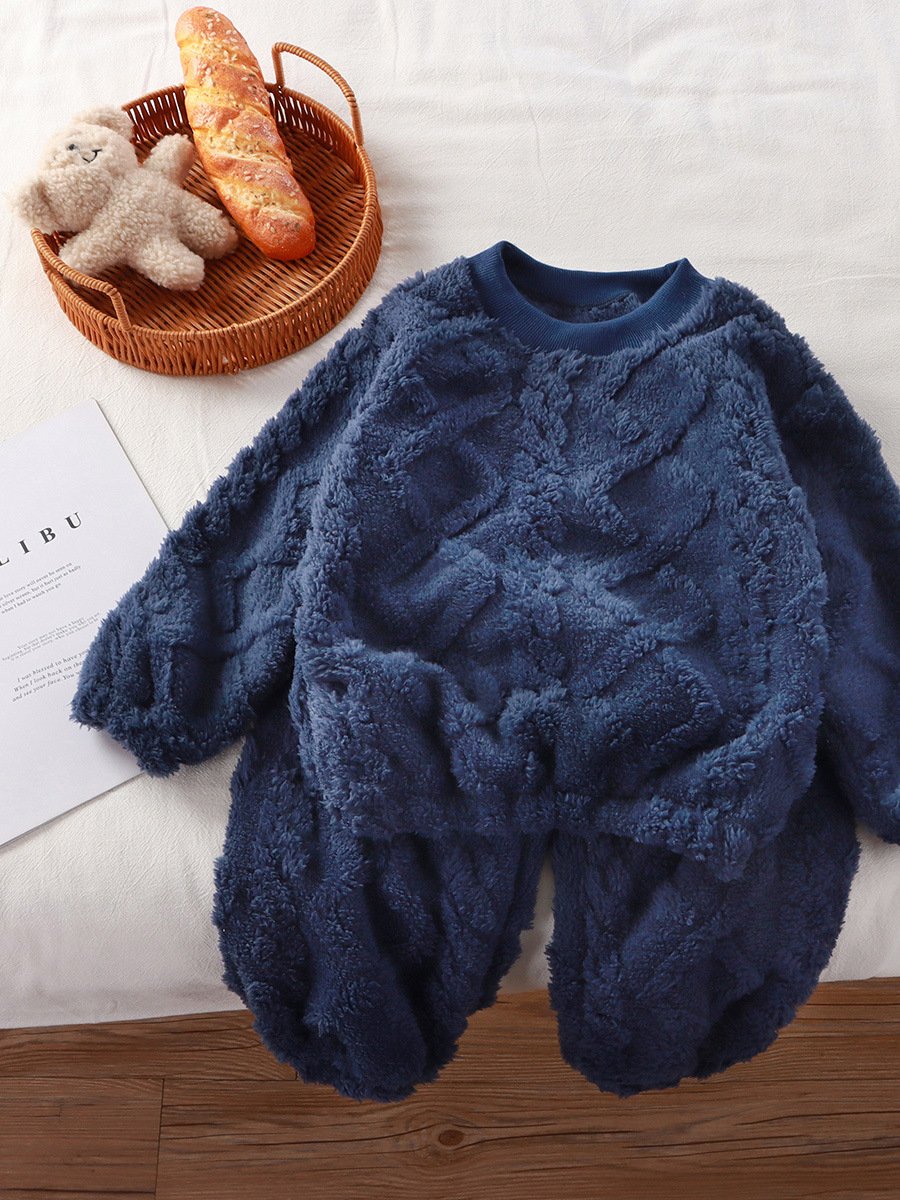 Children's flannel set for autumn and winter, new plush and thick jacquard loose round neck home clothing set
