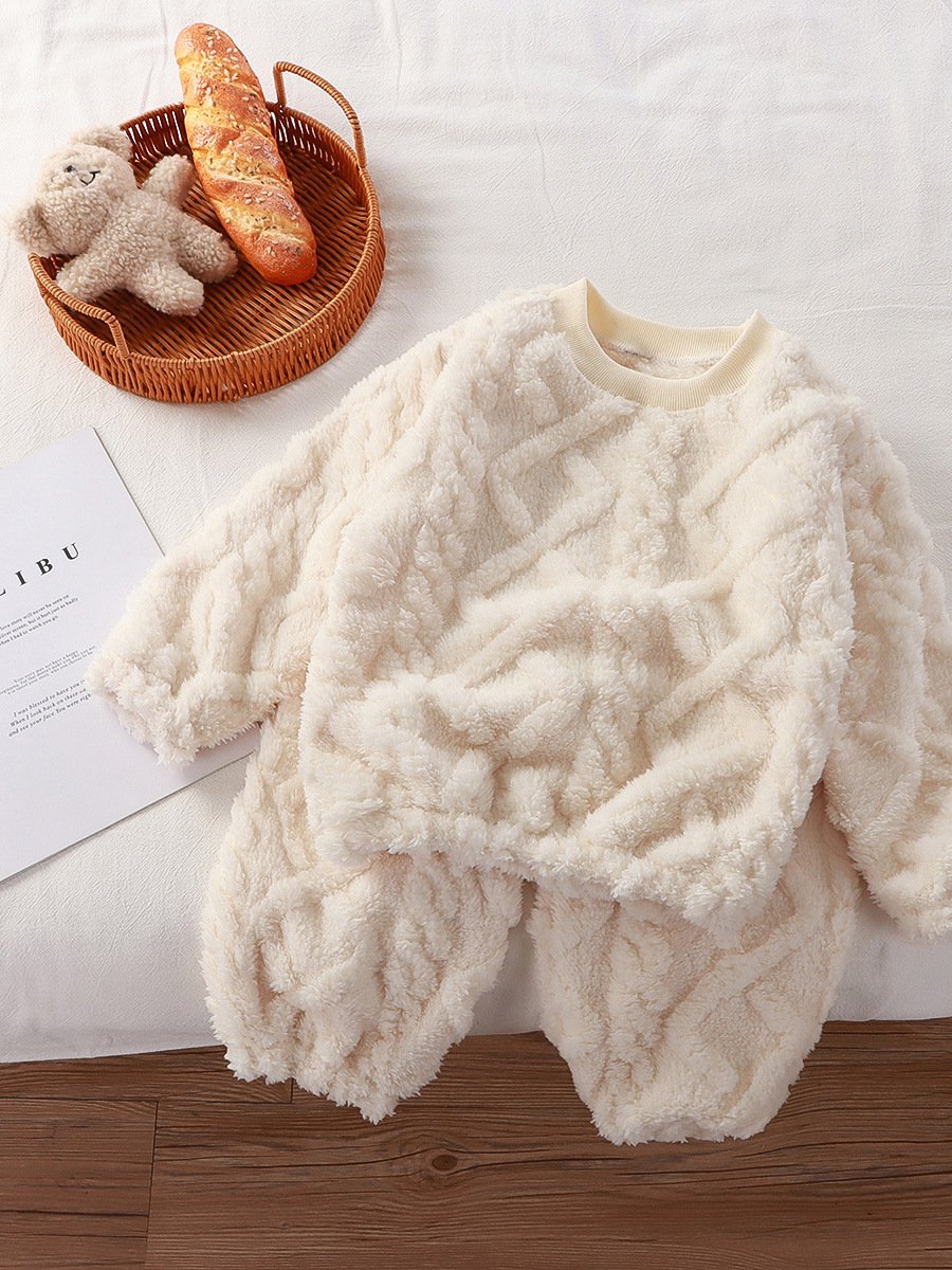 Children's flannel set for autumn and winter, new plush and thick jacquard loose round neck home clothing set
