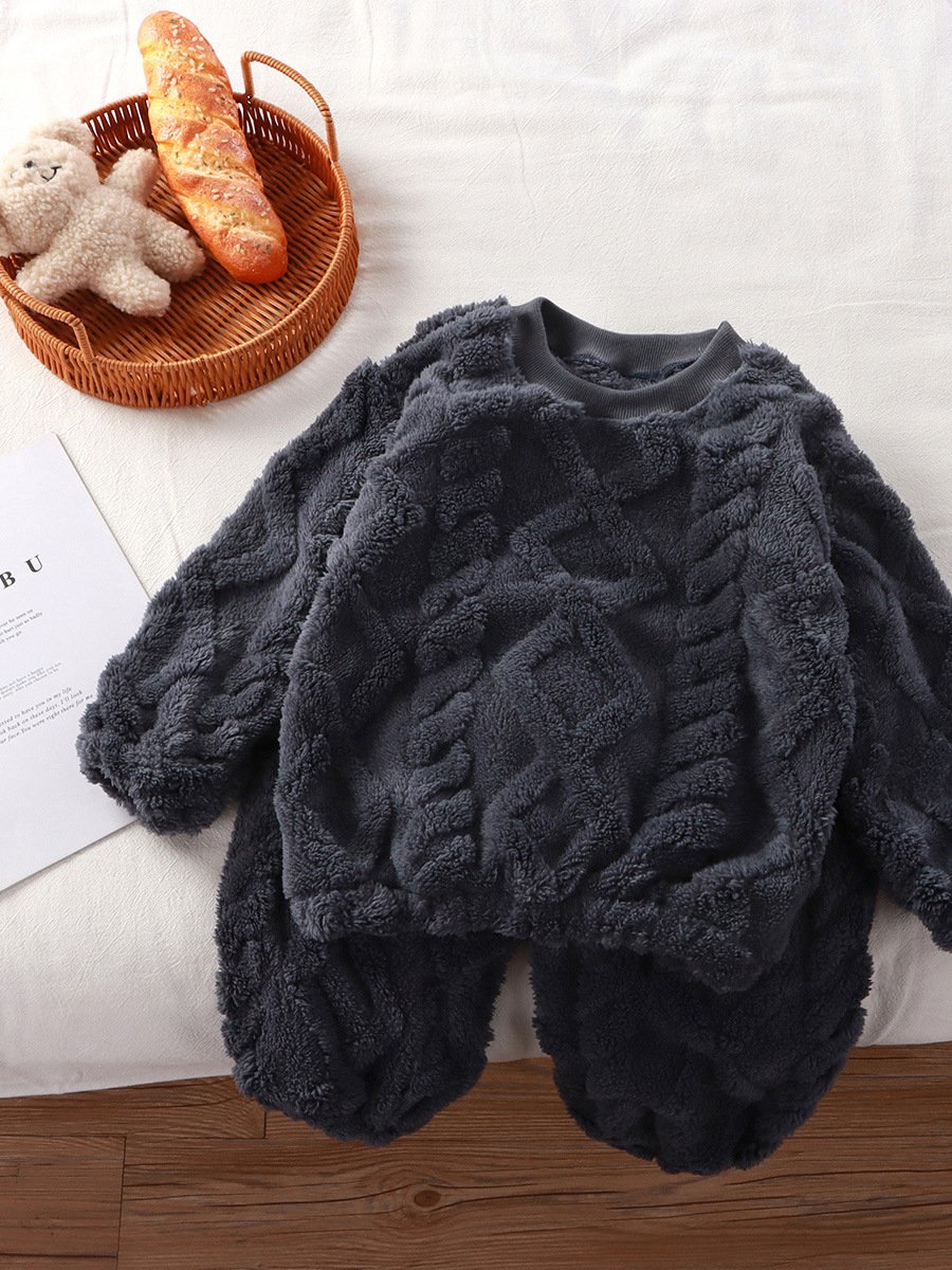 Children's flannel set for autumn and winter, new plush and thick jacquard loose round neck home clothing set