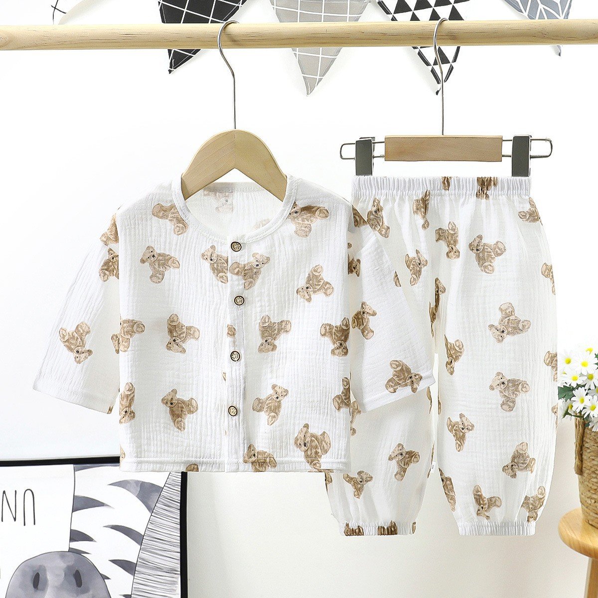 2024 Summer New Kids Clothes Cotton Pajamas Set Children's Gauze Short Sleeve Shorts Set Bear Home Wear Suit