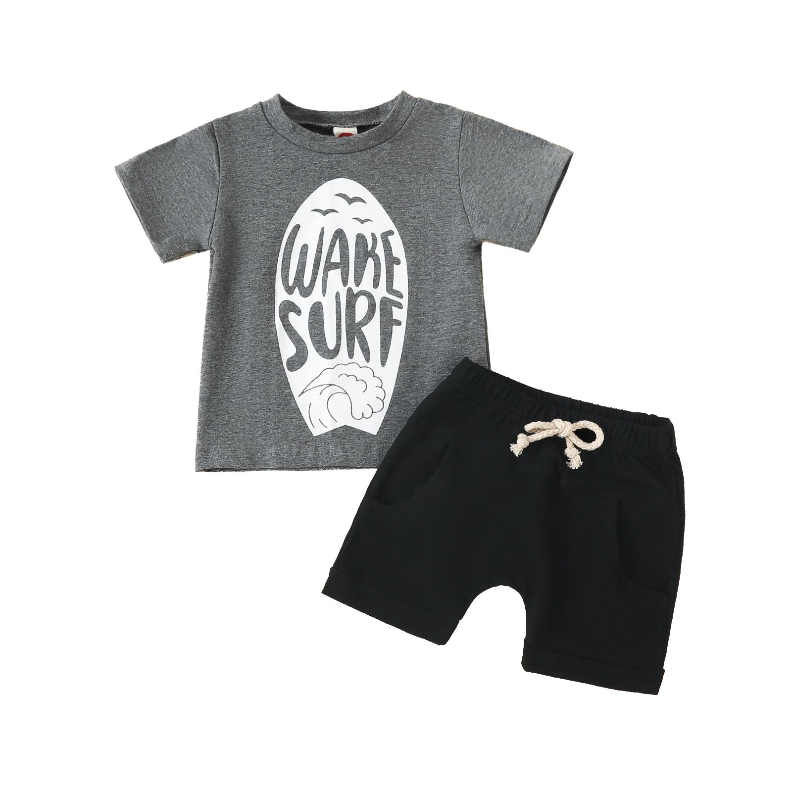 Popular summer baby boys 2pcs cotton clothing set sports suits plaid pumpkin pants black T-shirt
