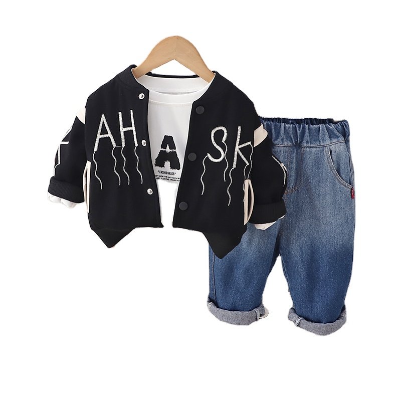 Wholesale Trendy Breathable Comfortable warm black Jacket Kids Long Sleeve children Boy'S Jackets jeans fall clothing set