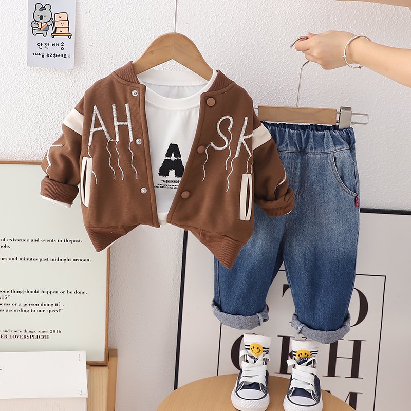 Wholesale Trendy Breathable Comfortable warm black Jacket Kids Long Sleeve children Boy'S Jackets jeans fall clothing set