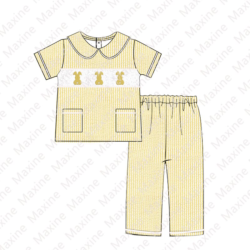 Custom Easter smocked pyjamas bunny embroidery kid pajamas seersucker children's smocked clothing for Easter