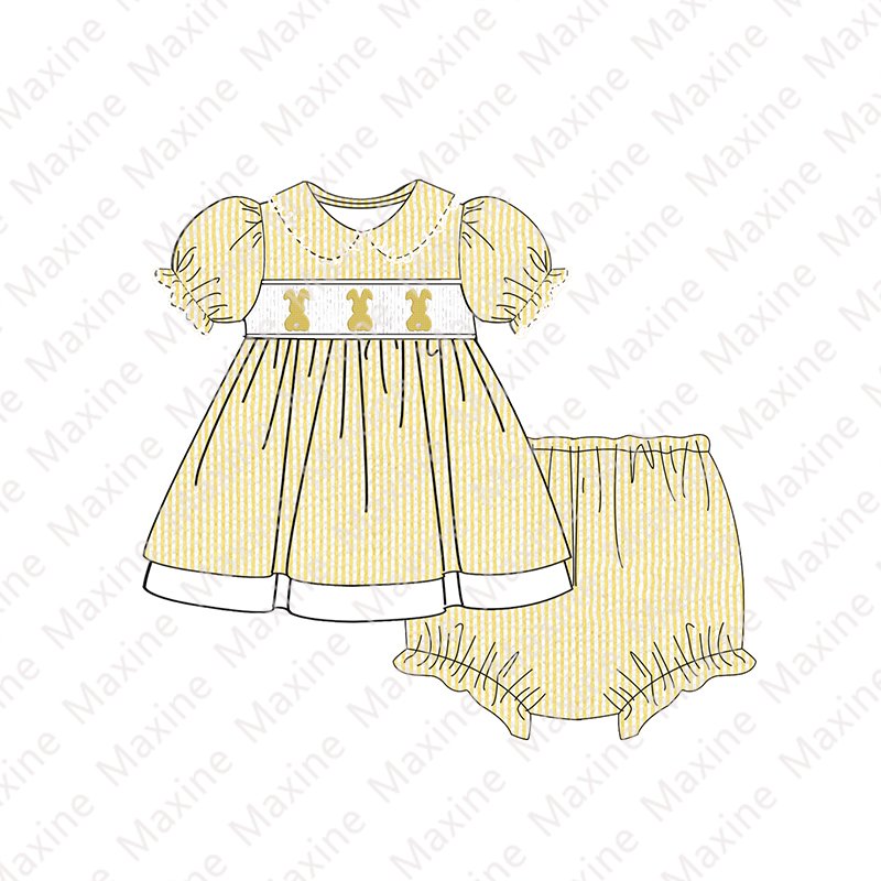 Custom Easter smocked pyjamas bunny embroidery kid pajamas seersucker children's smocked clothing for Easter