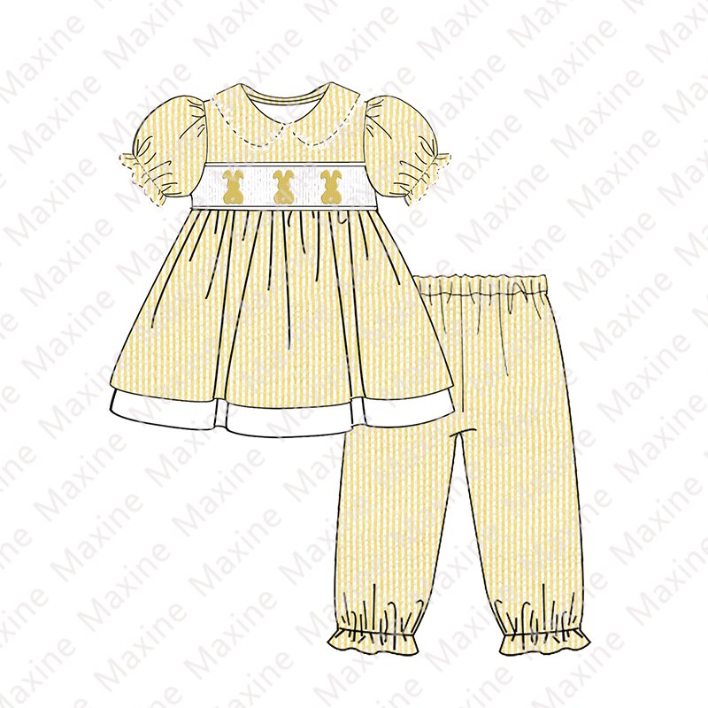 Custom Easter smocked pyjamas bunny embroidery kid pajamas seersucker children's smocked clothing for Easter
