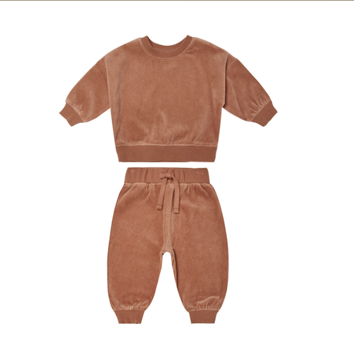 Autumn and Winter Solid Color Velvet Thick Glittering Material Baby Clothes Set 2Pcs
