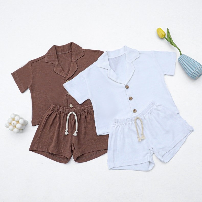 Summer Infant Toddler Children Kids Boys Girls Casual Neutral Solid Linen Shirts Shorts 2pcs Baby Clothing Set