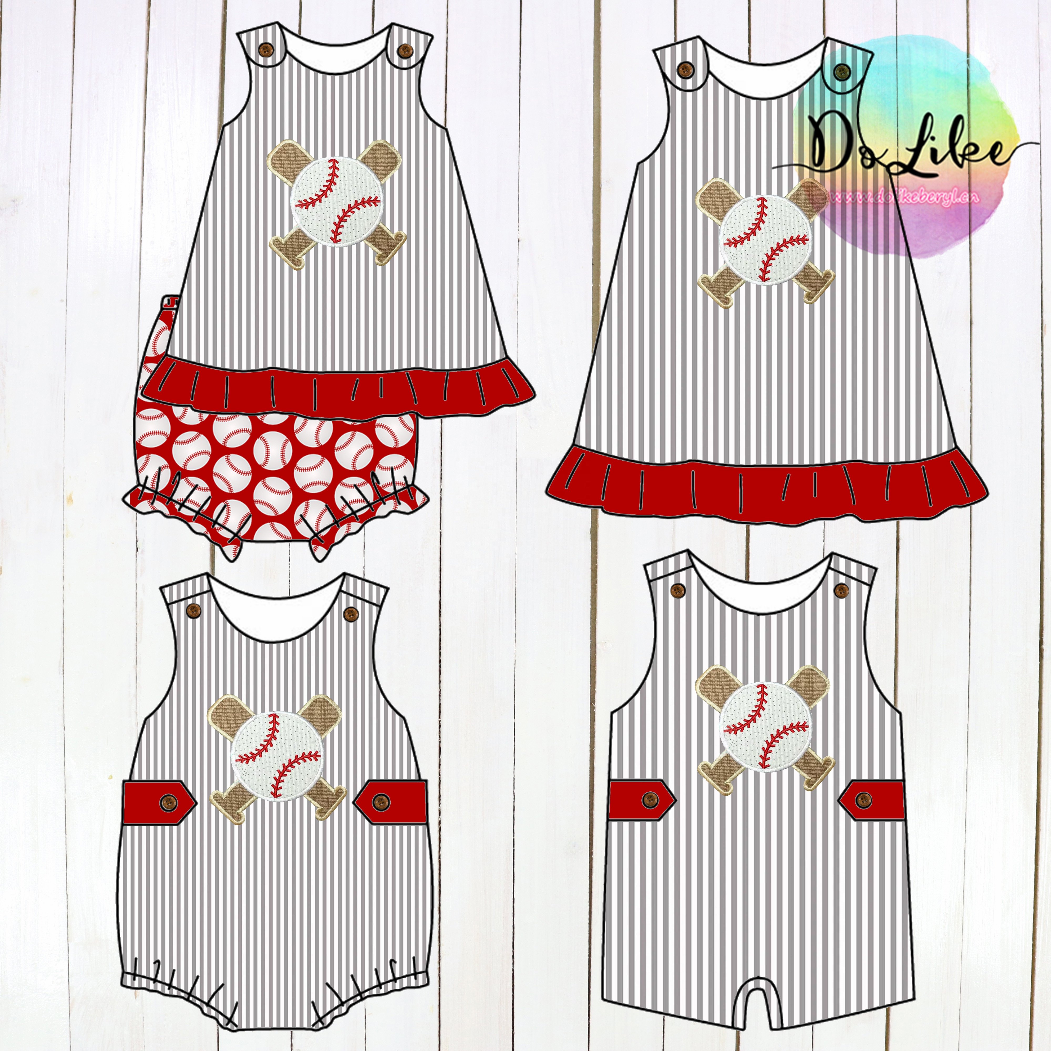 Summer kids apparel baseball Applique boys clothing sets polka dot baby girls dresses with embroidery