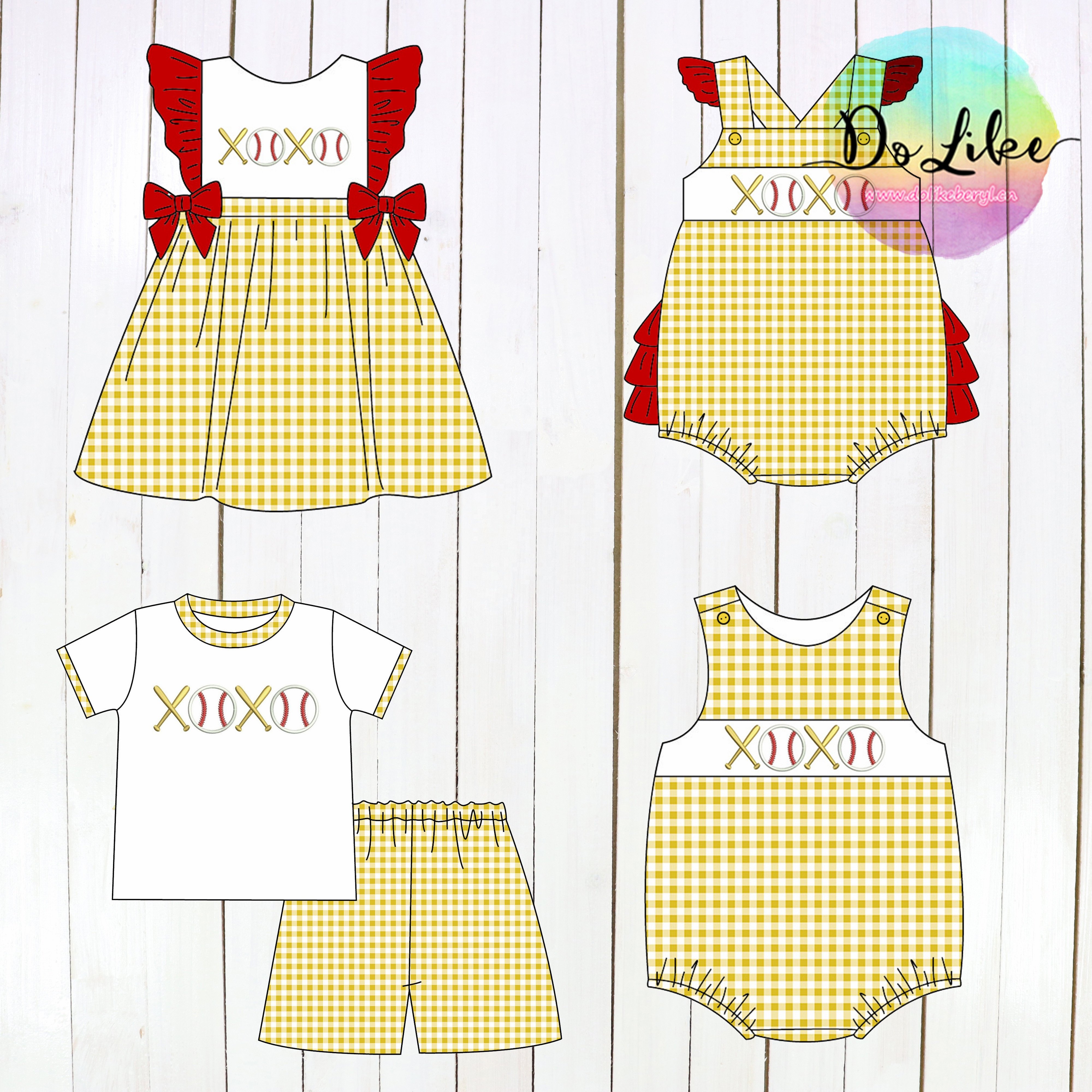 Summer kids apparel baseball Applique boys clothing sets polka dot baby girls dresses with embroidery