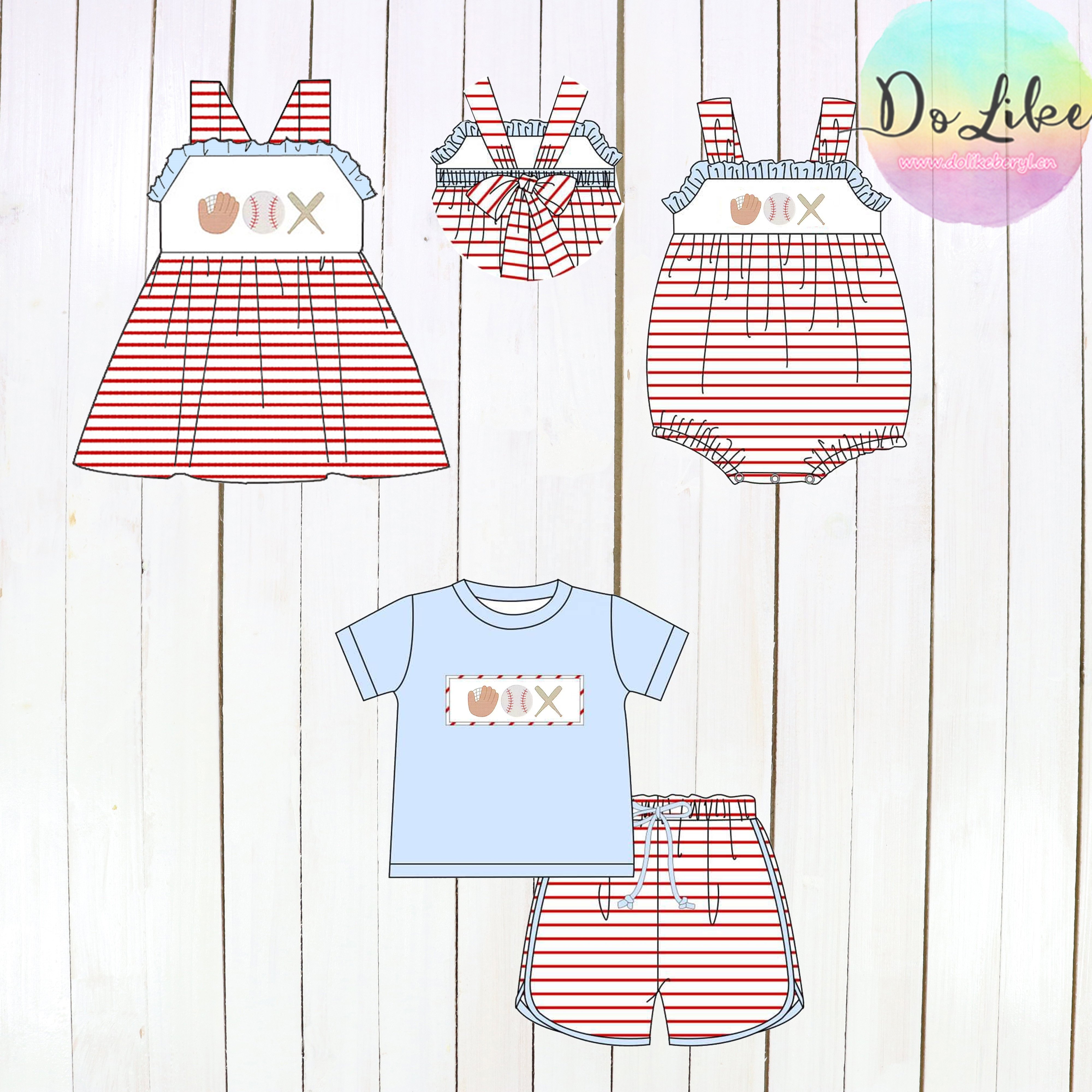 Summer kids apparel baseball Applique boys clothing sets polka dot baby girls dresses with embroidery