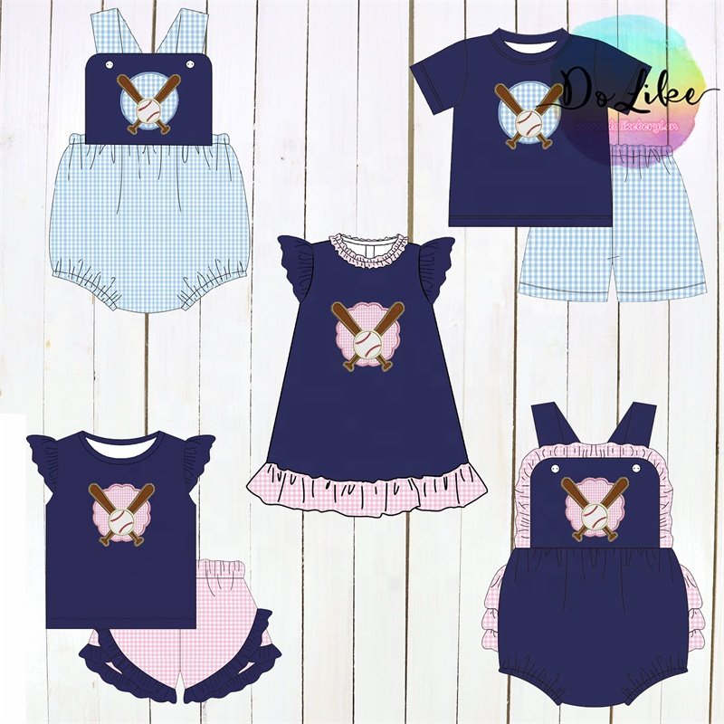 Summer kids apparel baseball Applique boys clothing sets polka dot baby girls dresses with embroidery