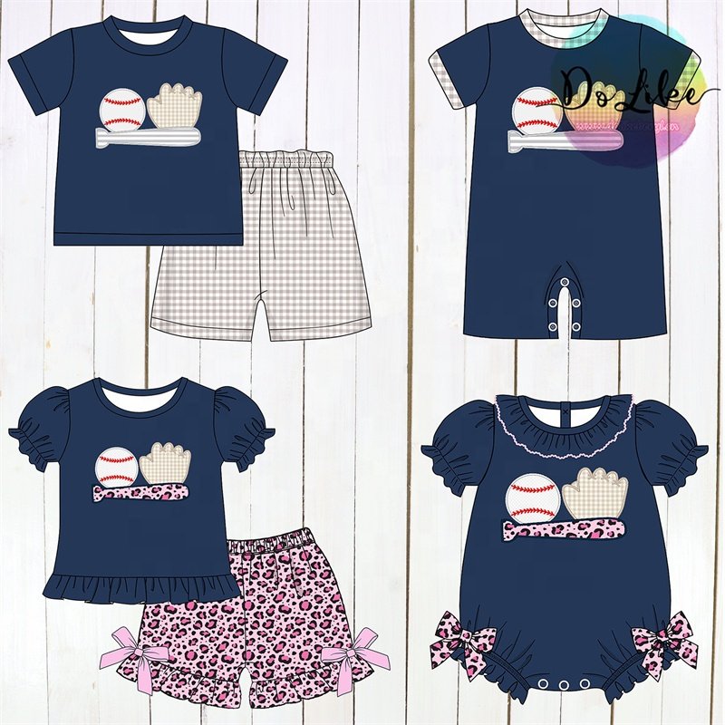 Summer kids apparel baseball Applique boys clothing sets polka dot baby girls dresses with embroidery