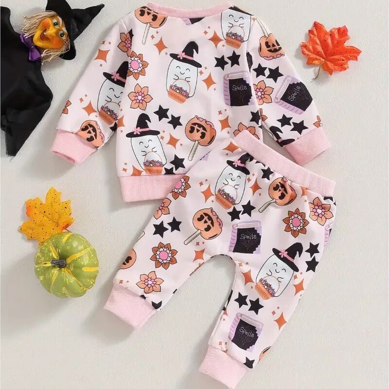 Baby Pants Set, Ghost Pumpkin Print Long Sleeve Crew Neck Sweatshirt with Sweatpants Halloween Clothes for Girls Boys