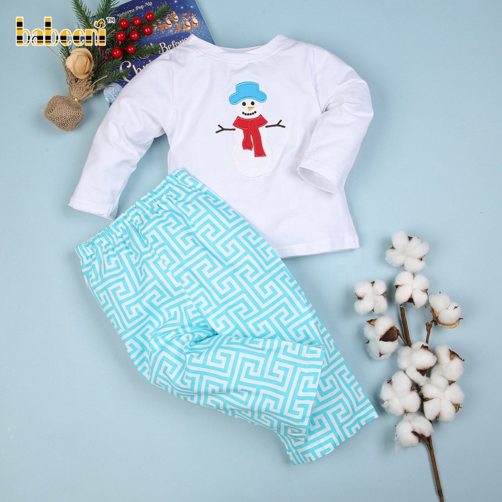 Cute Snowman appliqued boy set ODM wholesale smocked children clothing set Babeeni children clothing- BB839