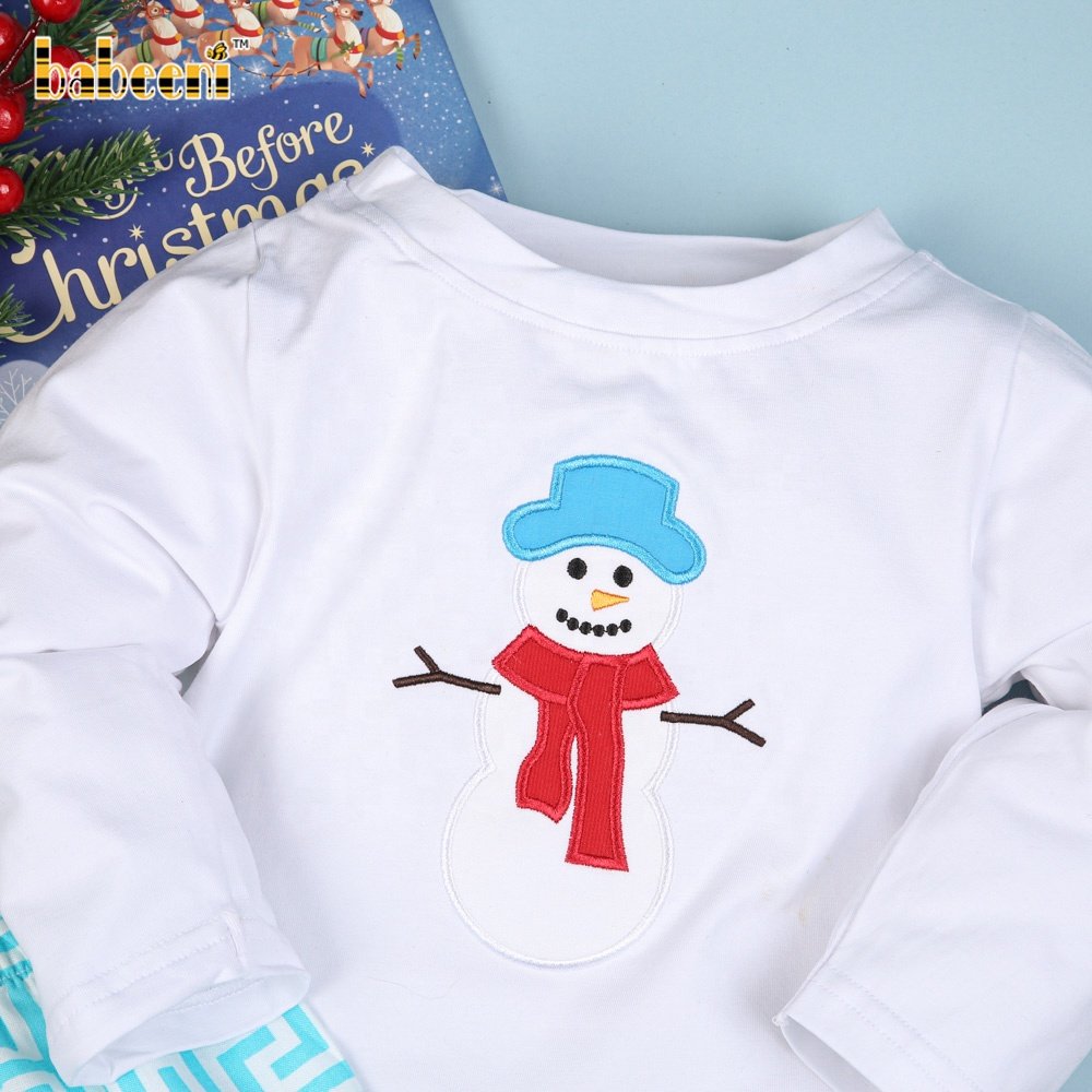Cute Snowman appliqued boy set ODM wholesale smocked children clothing set Babeeni children clothing- BB839