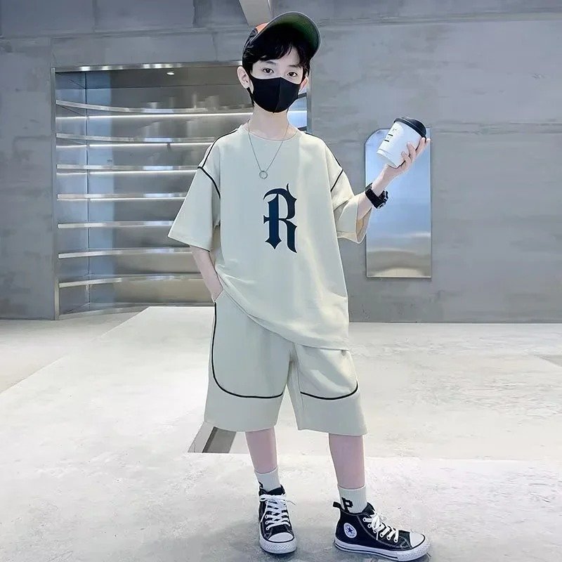 Boys Loose Casual Clothing Sets Summer Big Kids Sport wear Suits Short Sleeve Tops+Shorts 2Pcs Children Fashion Outfits 5-14Year