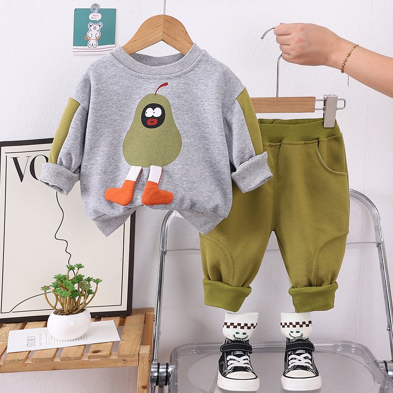 Boys' autumn clothing 2024 new stylish children's handsome trendy baby cartoon pear hoodie two-piece set of baby clothes