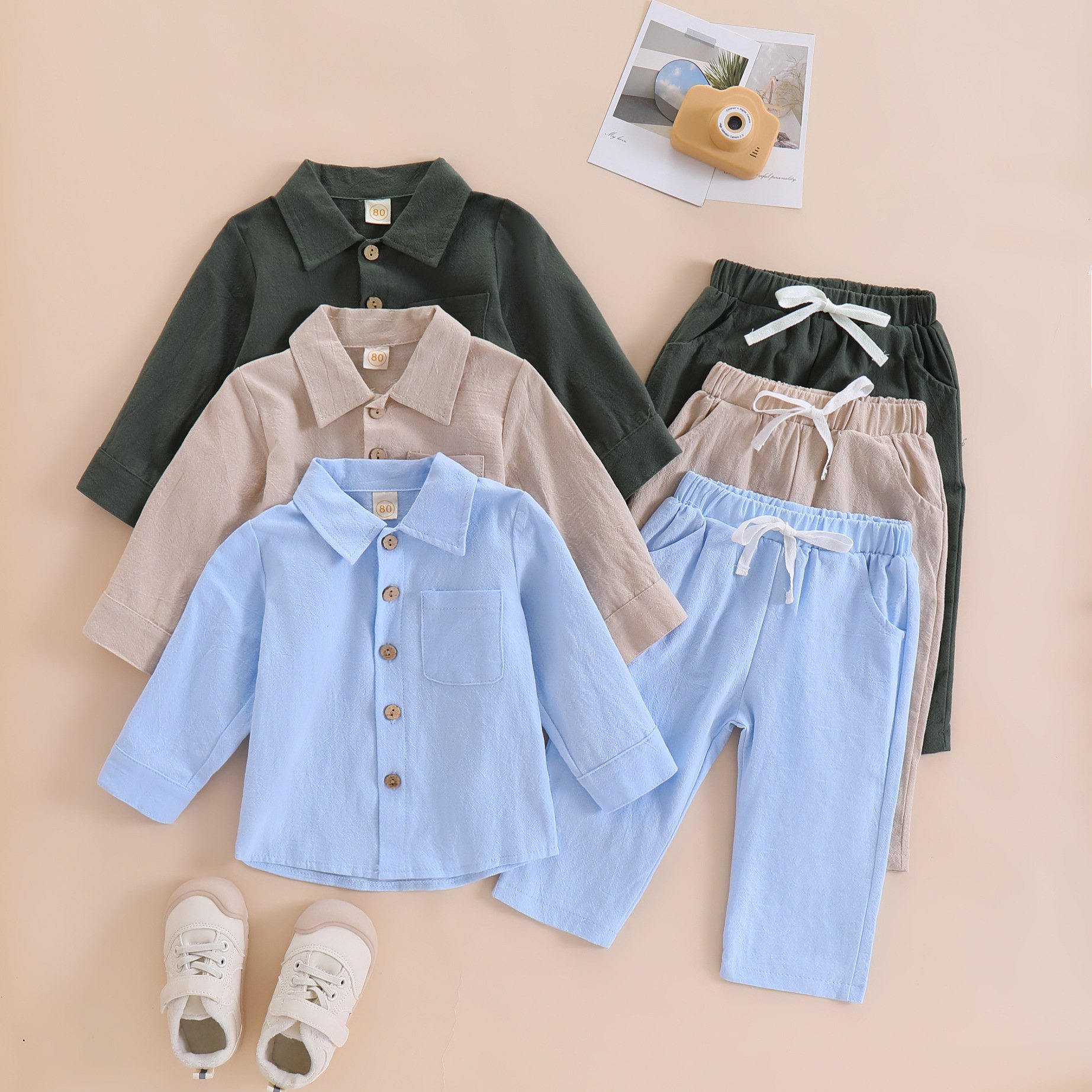2024 Autumn Cotton Linen Breathable Toddler Boys' Long Sleeve Suit Children's Shirt Shorts 2 Piece Baby Clothing Sets