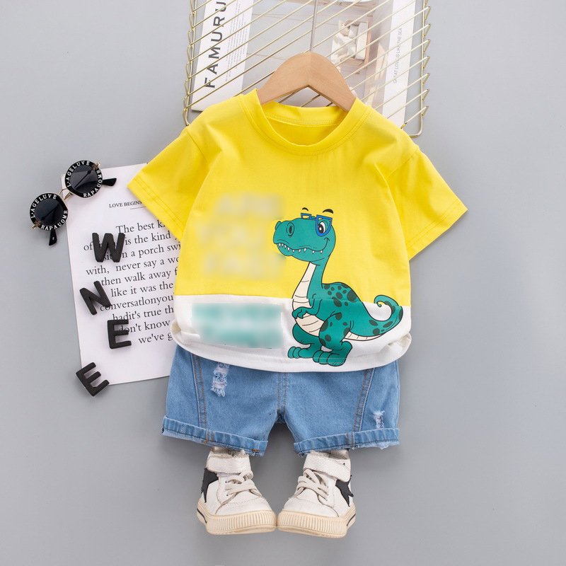Wholesale 2023 Summer Baby Clothes Dinosaur Letter Printing Short Sleeved Jeans Shorts Outfits Boys Clothing Sets