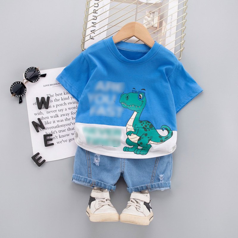 Wholesale 2023 Summer Baby Clothes Dinosaur Letter Printing Short Sleeved Jeans Shorts Outfits Boys Clothing Sets