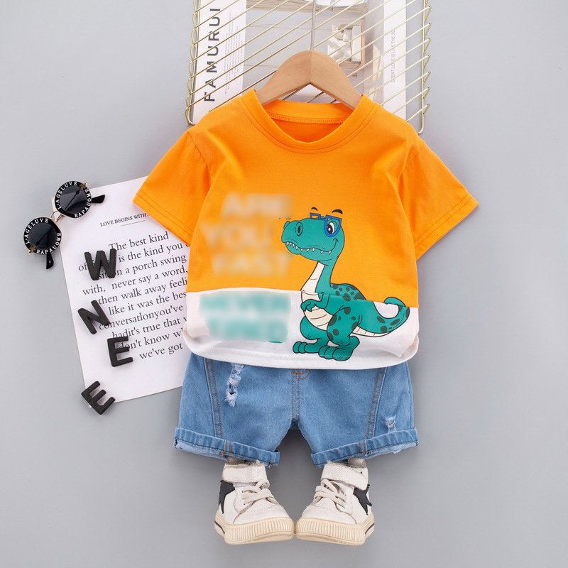 Wholesale 2023 Summer Baby Clothes Dinosaur Letter Printing Short Sleeved Jeans Shorts Outfits Boys Clothing Sets