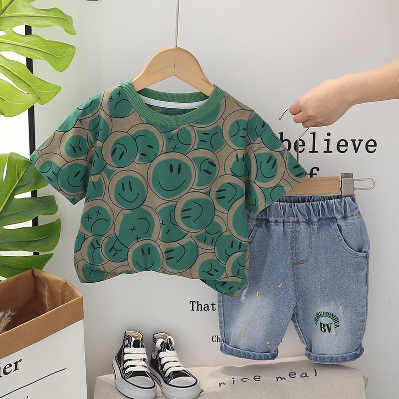 New Arrival Fashion Cotton Short Sleeve T-shirt Denim Shorts Cartoon Baby Boy Two Piece Summer Clothing Set