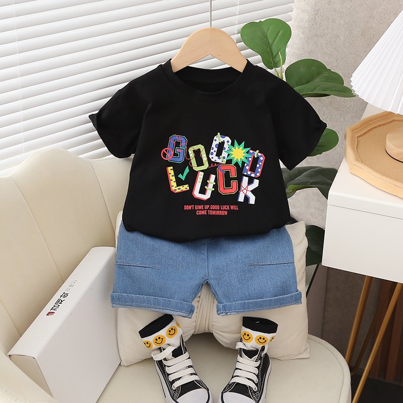 Children's fashion summer English short sleeved round neck T-shirt denim shorts 2-piece set for children aged 1-5