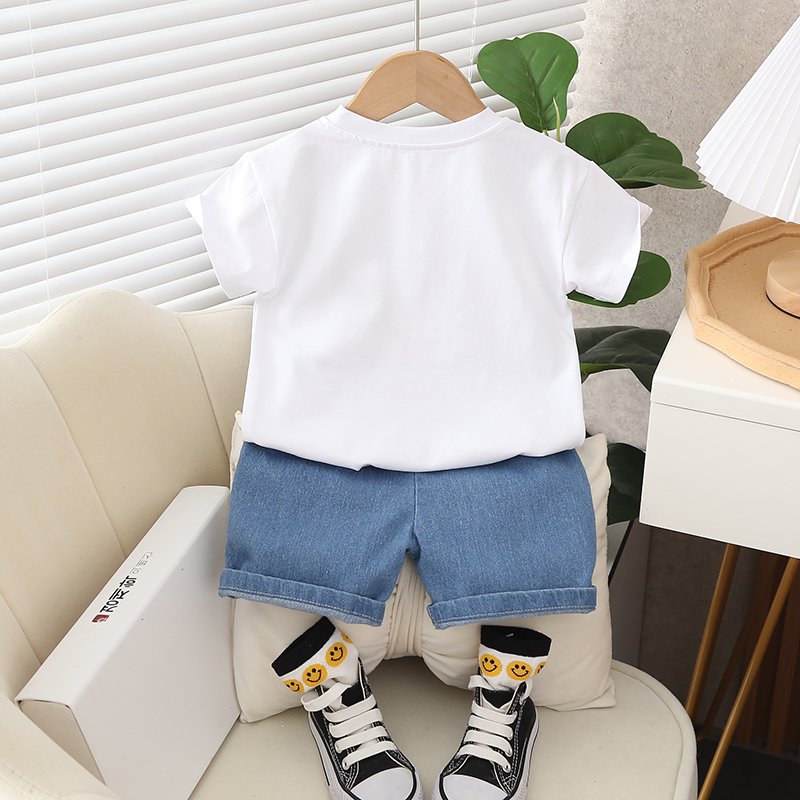 Children's fashion summer English short sleeved round neck T-shirt denim shorts 2-piece set for children aged 1-5