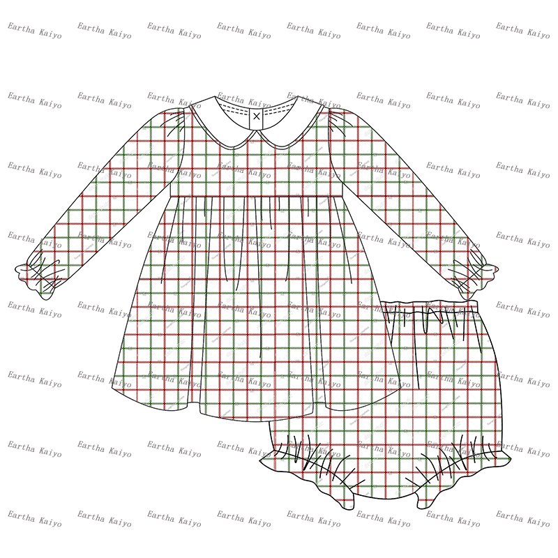 Customized holiday Christmas Santa baby girls clothing sets red gingham peter pan collar baby clothing sets