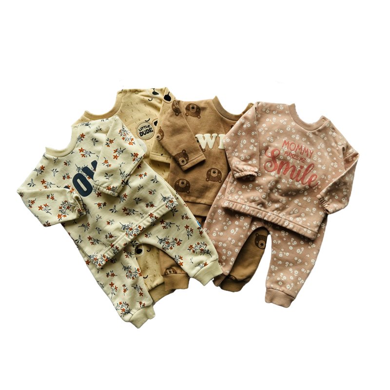 Winter infant print suit baby plush thickened top+trousers 2 pieces Fashion Baby Clothing Sets
