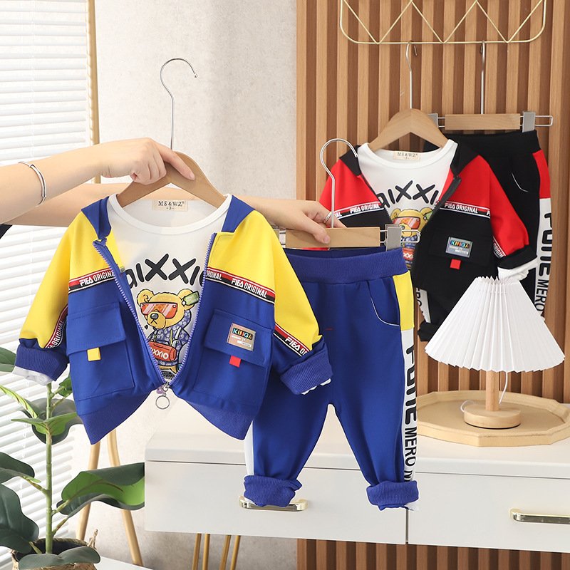 New Style Autumn Boys Long Sleeve Letter Printed Cargo Jacket Coat +cartoon T-shirt +pants 3 Pieces Clothing Set