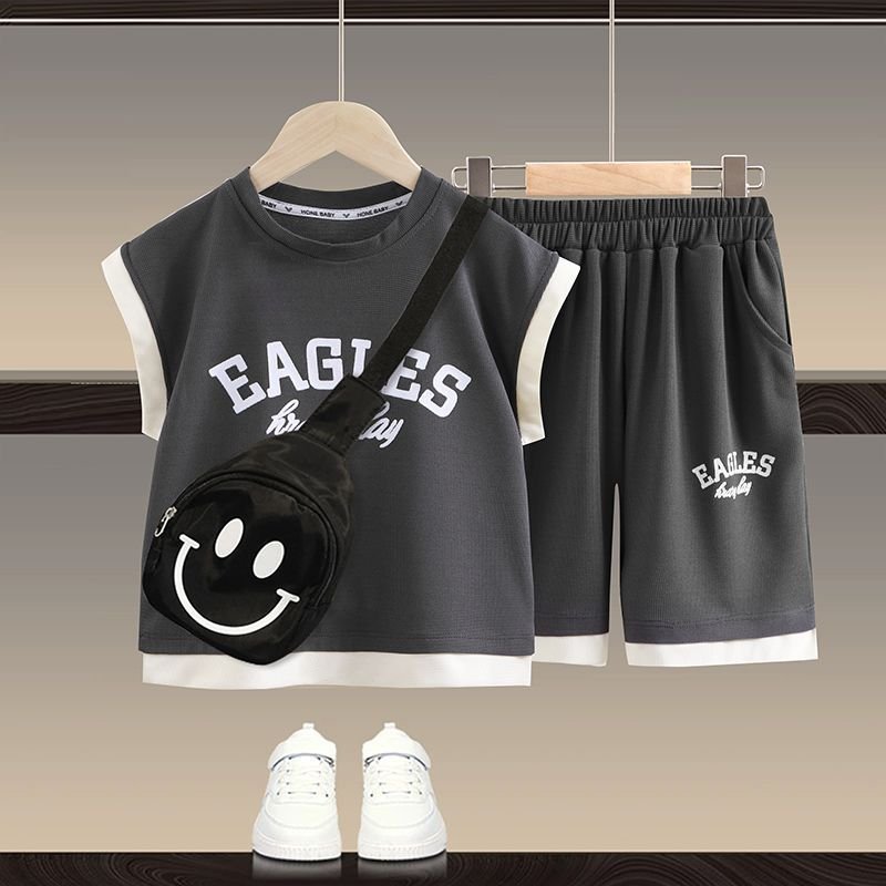 Children's summer simple letter sleeveless suit with bag