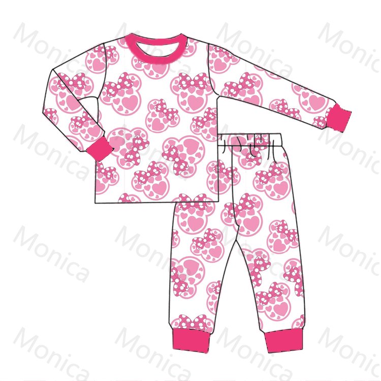 LZ2023 Red heart pattern Valentine's Day Children Custom Prints Pajamas 2PCS Set Kids Long Sleeve Cartoon milk silk pyjamas Set