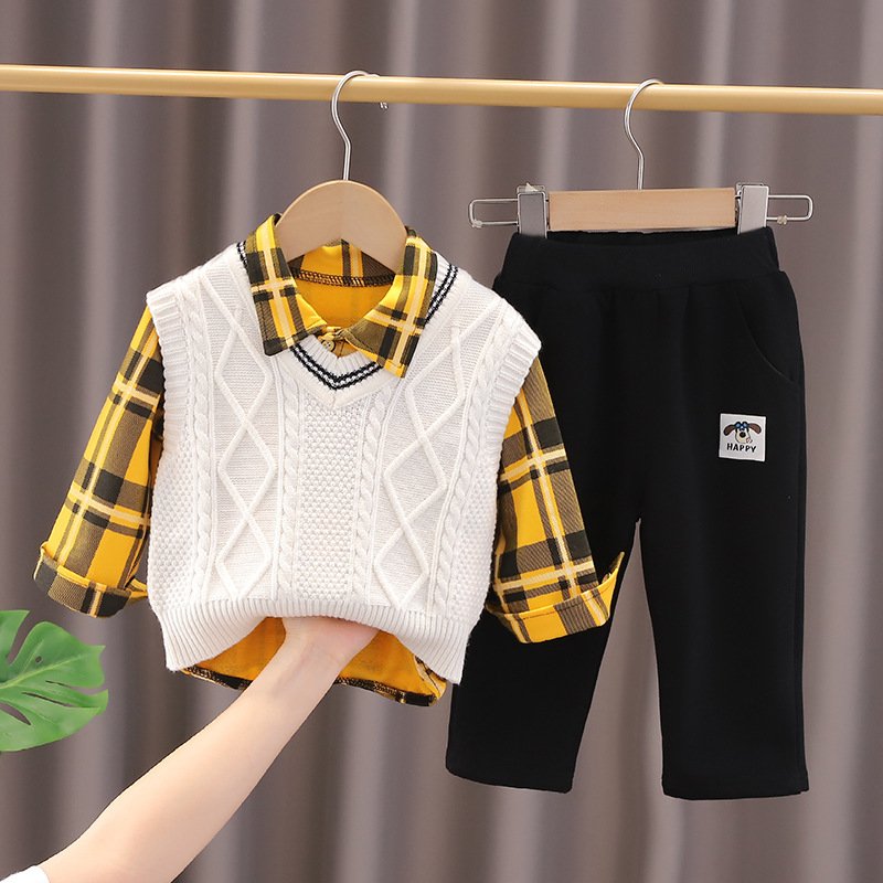 Latest Style Spring Autumn Kids 3pcs Suits Vest Sweater+Shirt+Pants Casual Boys Clothing Sets