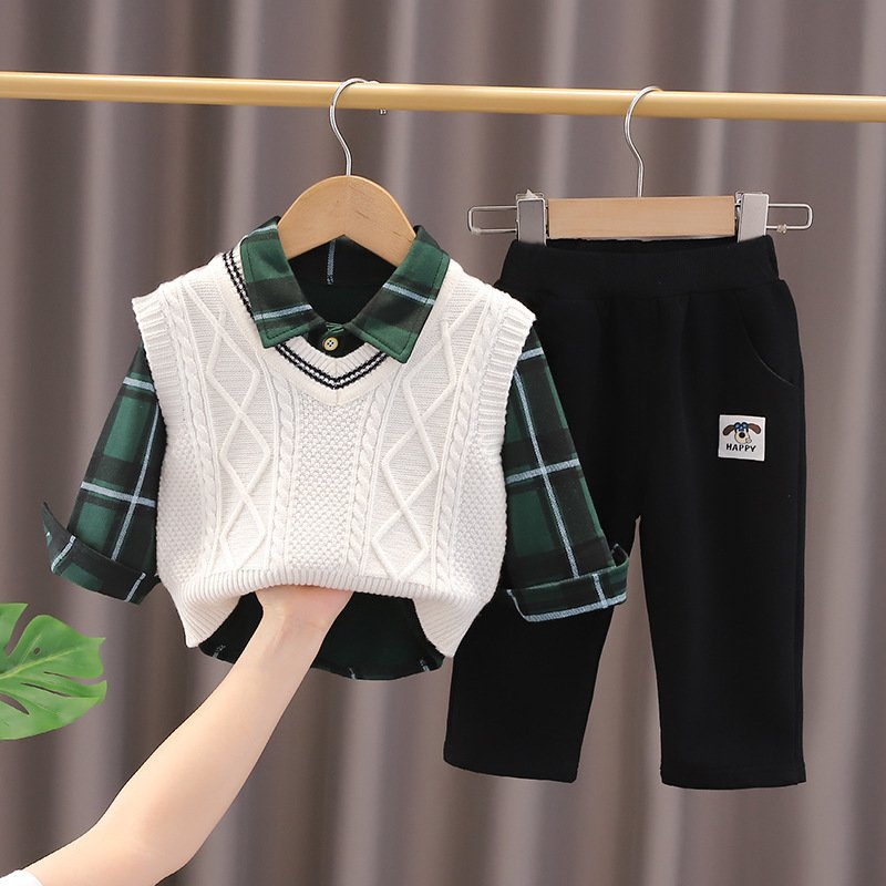 Latest Style Spring Autumn Kids 3pcs Suits Vest Sweater+Shirt+Pants Casual Boys Clothing Sets