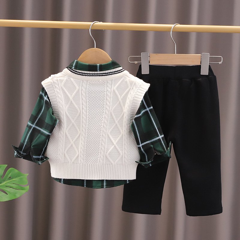 Latest Style Spring Autumn Kids 3pcs Suits Vest Sweater+Shirt+Pants Casual Boys Clothing Sets