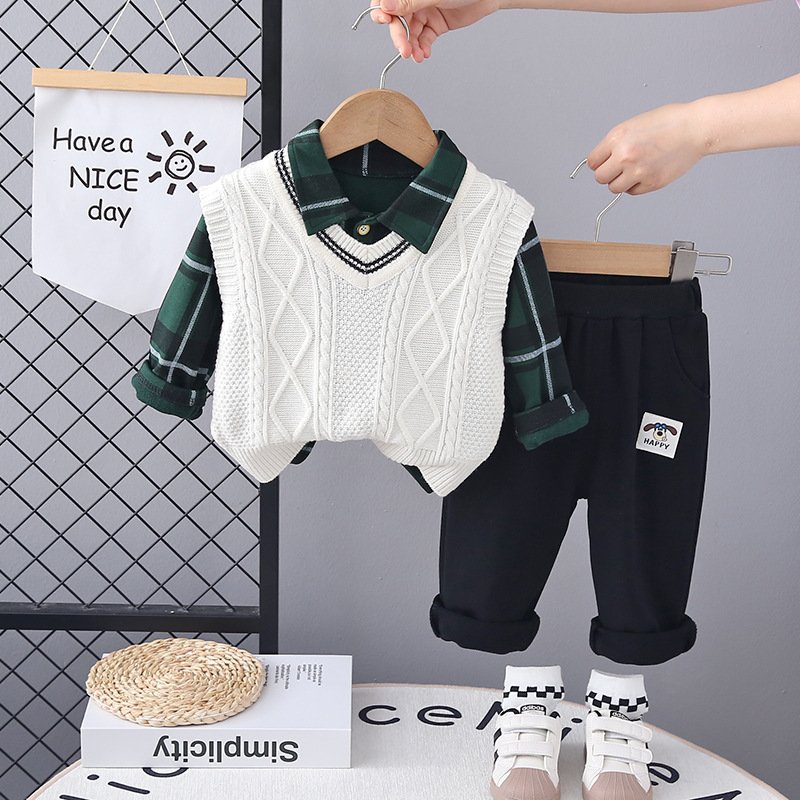 Latest Style Spring Autumn Kids 3pcs Suits Vest Sweater+Shirt+Pants Casual Boys Clothing Sets